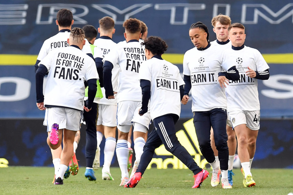 The protest shirts Leeds' players wore during the pre-game warm-up against Liverpool.